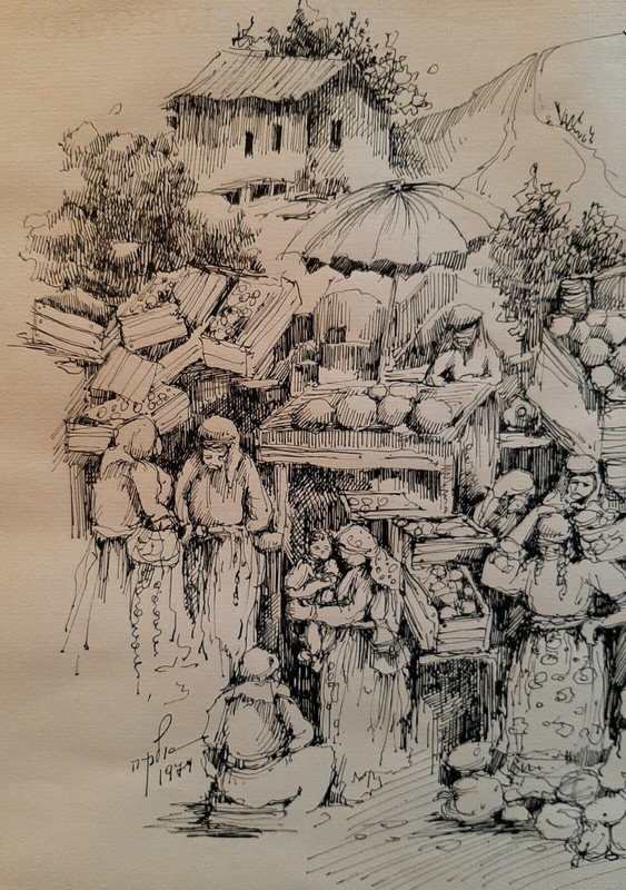 ELKA REUVEN ( Bulgaria Israel 1926-1991), Ink on Paper, Market Day, Signed, 1978 gallery