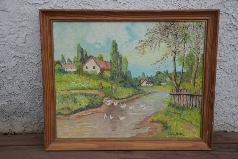 River Scene Spring w/Ducks Oil painting on Canvas Paul Keck sign Impressionist