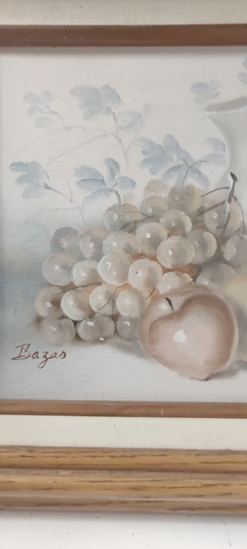 Original Oil Painting Signed Bazas Still Life of Apple Pear Grapes Pitcher 70s gallery