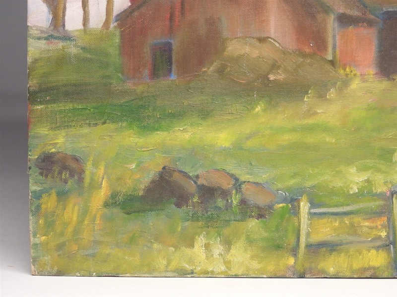 1962 Dorothy Smith Folksy American Red Barn in Farm Yard O/B Painting gallery