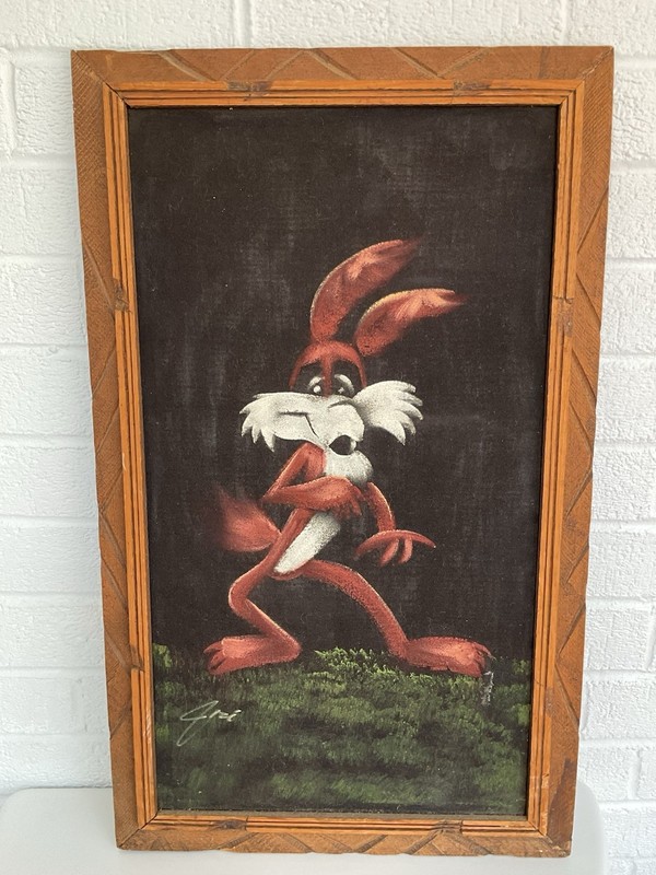 Vintage Hand Painted Velvet Wile E Coyote Framed Signed Cartoon Art 22.5 x 13