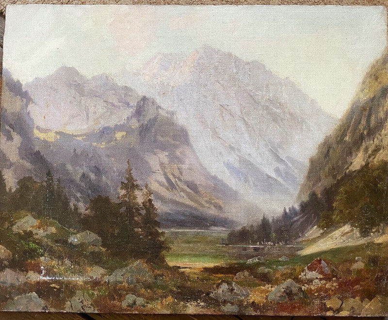Oil Painting Um 1860 IN Biedermeier Style Dreamy Seascape IN Valley/Mountain