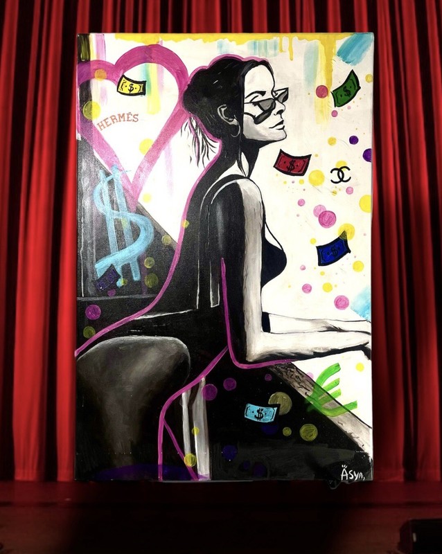 ⚜️Acrylic Pop Art Painting “Looking Into Bright Future” (lady,money Magnet Art)