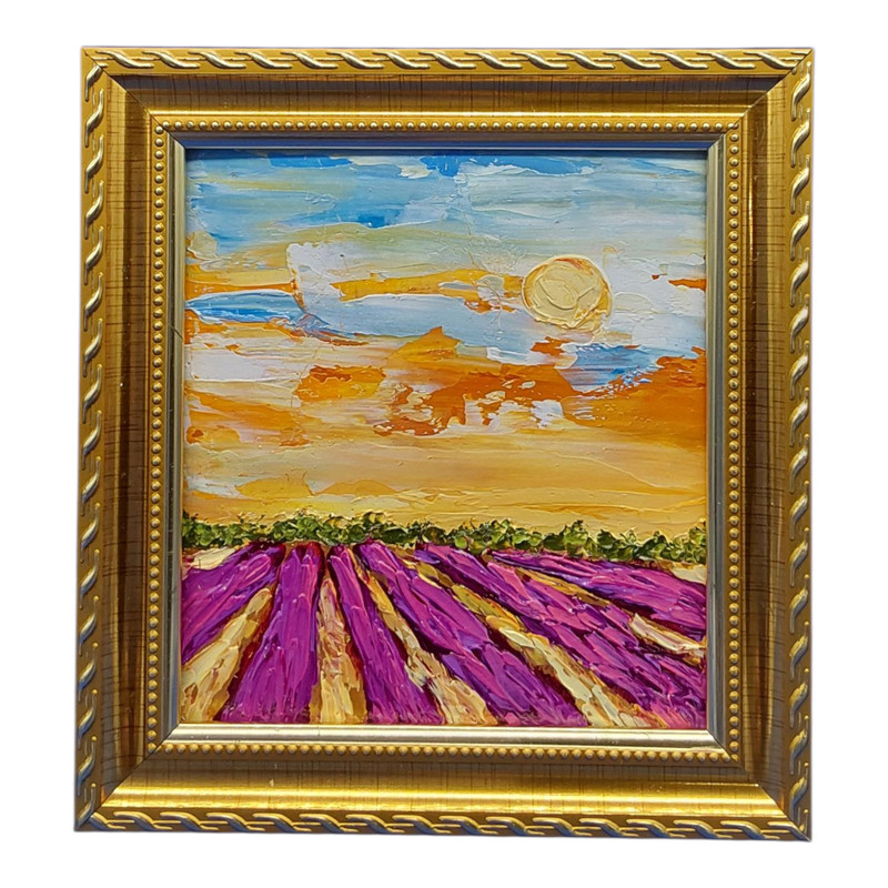 Lavender Tuscany Original Oil Painting Gold Framed Handmade Wall Art 4.8×4.3 in