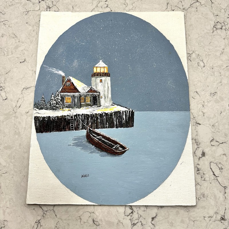 Winter Snowy Night Light House Row Boat Painting Oil Canvas 11×14 Signed