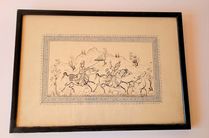Vintage 20th Century Persian Miniature Style Hunting Scene Framed Artwork
