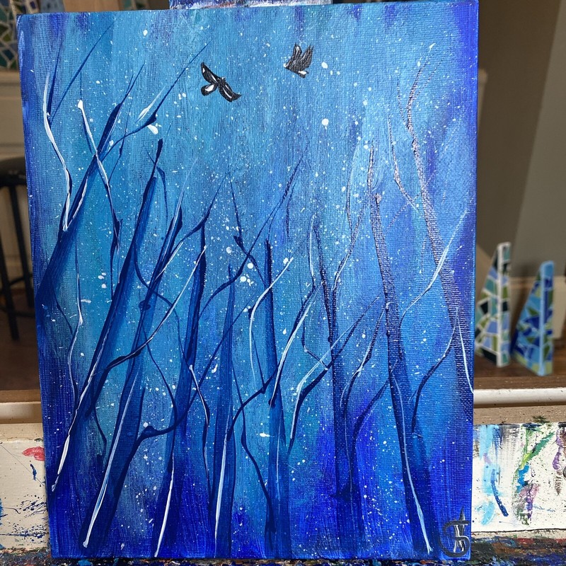 8/10 Inches Original Painted On Canvas,abstract Forest,night,blue Birds