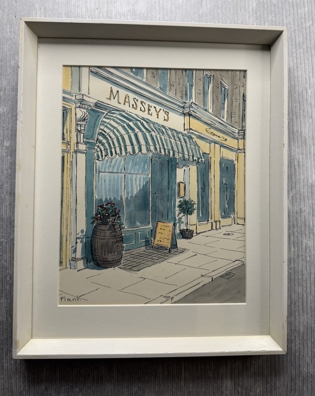 PAMELA PLANT pen-and-watercolor illustration LONDON 1974 Massey’s Wine Bar
