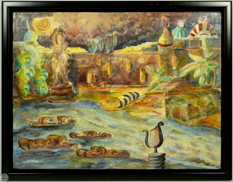 Vintage Framed Original Surrealist Acrylic and Ink on Canvas «End of the Ocean»