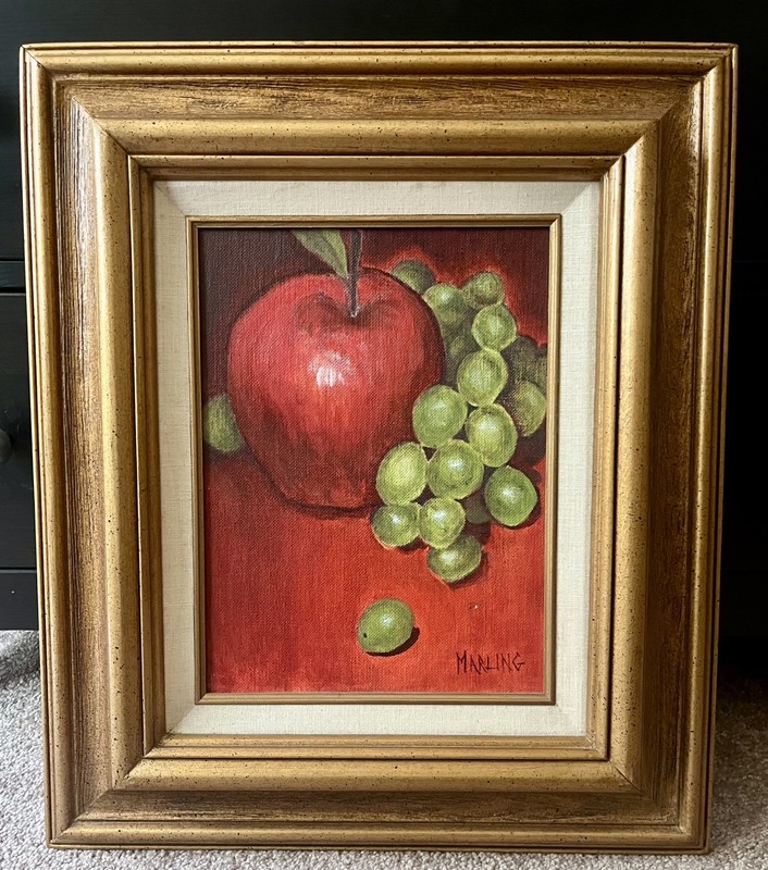 MCM Vintage Still Life Oil Painting Apples Grapes Signed Marling 1982 Framed Art