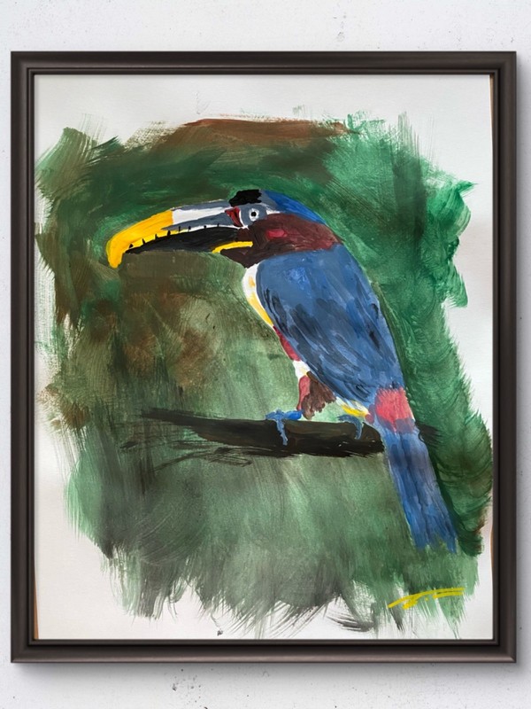 Toucan Aracari Exotic Bird Expressionist Acrylic Original Art 14×11 Paper