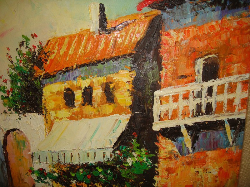 Original Oil Painting European Streets Framed Signed Thick Oil Paint Homes gallery
