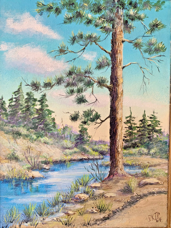 listed Calif Artist Earle F Dexter Original Oil Painting 1964 Stream w Evergreen