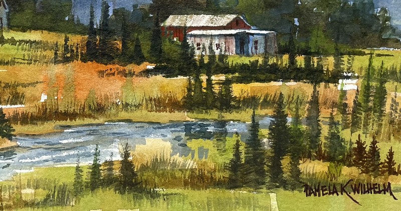 9.5x5.5” Original Watercolor Pamela Wilhelm The River Farm Barns Pine Trees gallery