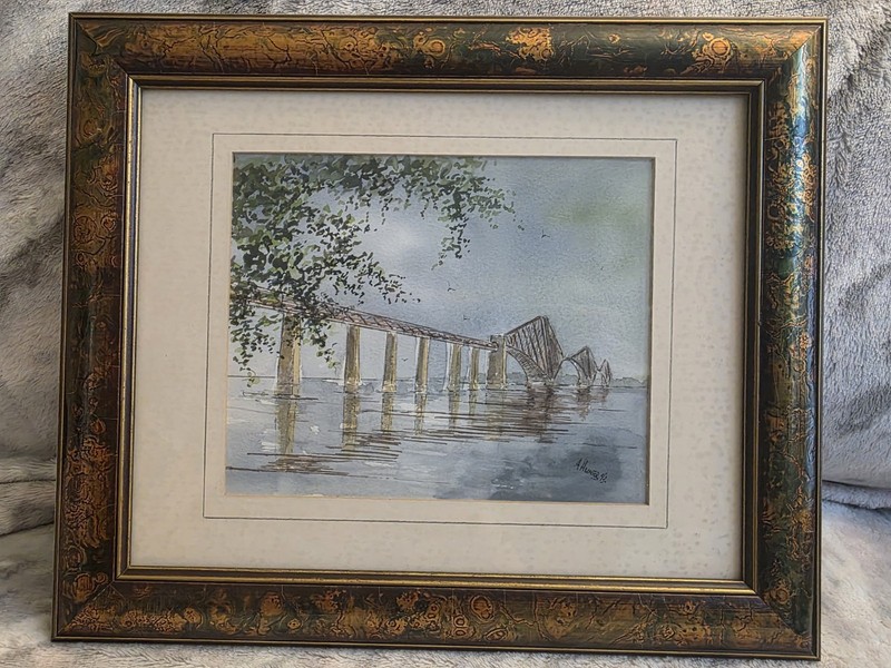 Original aquarelle bridge painting by A Hunter 1993
