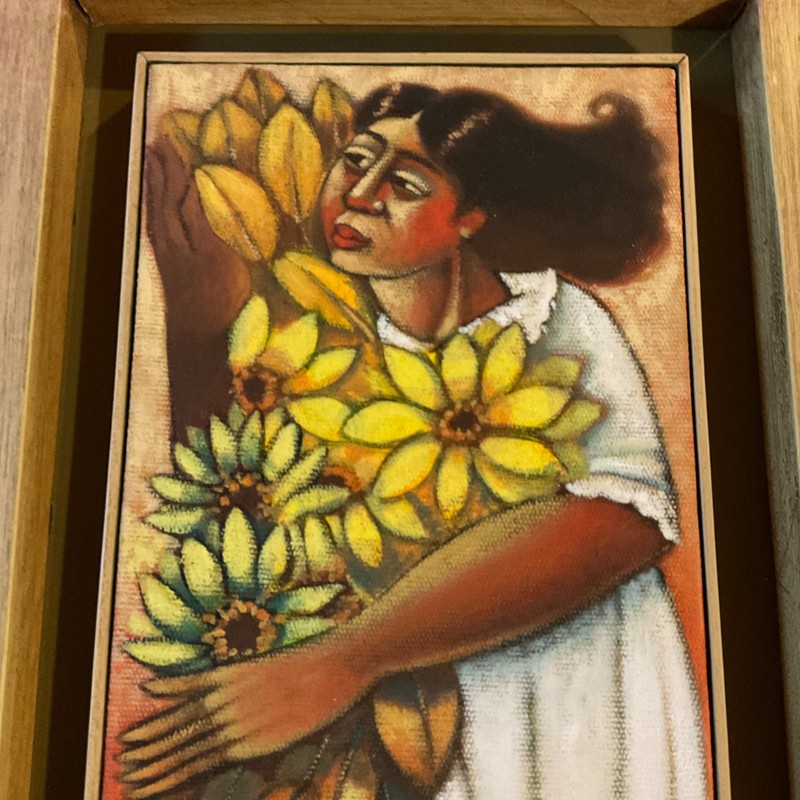 vintage original art oil painting signed lady woman flowers Mexican portrait