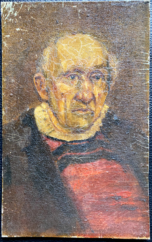::OIL PAINTING PORTRAIT OF AN OLDER MAN WITH COLLAR AND RED SWEATER CIRCA 1880