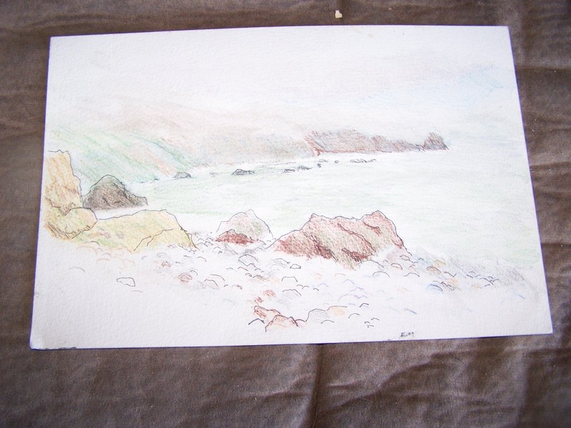 Original Ink & Pencil by Peg Humphreys Fogged in Ocean Cove 11" x 7 1/2" gallery