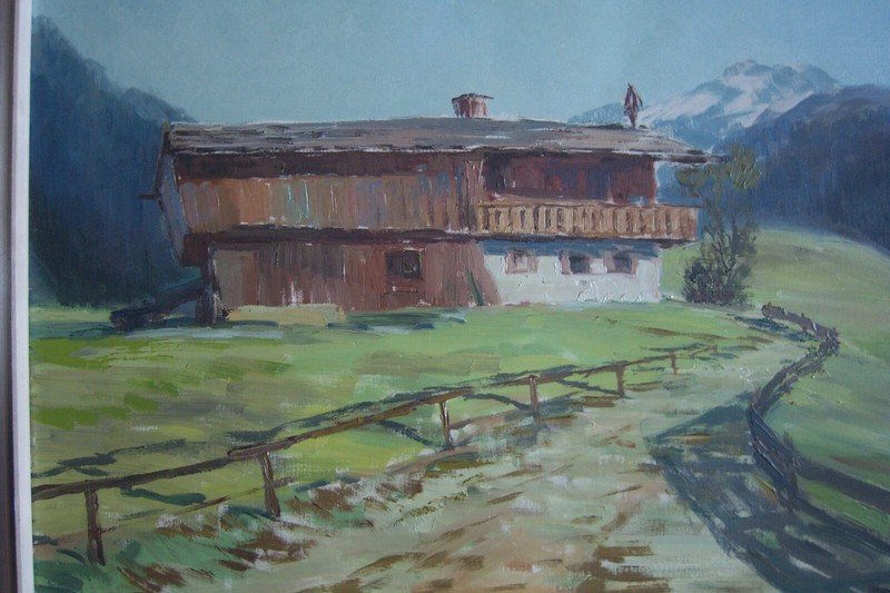 Oil Painting Circa 1940 Alps Berghof °Alm Spring Panorama Frame Antique Unsigned gallery