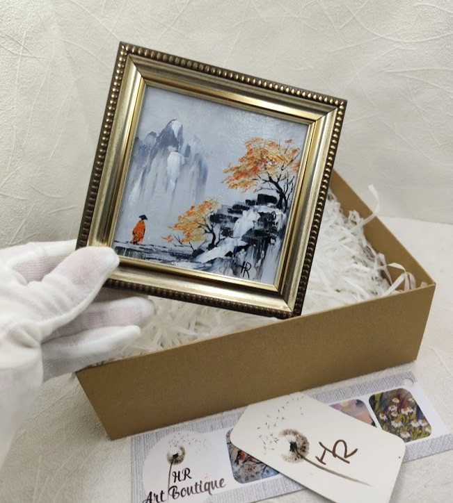 Original Oil Painting 4x4 in Framed Signed Abstract Japanese Landscape Impasto gallery