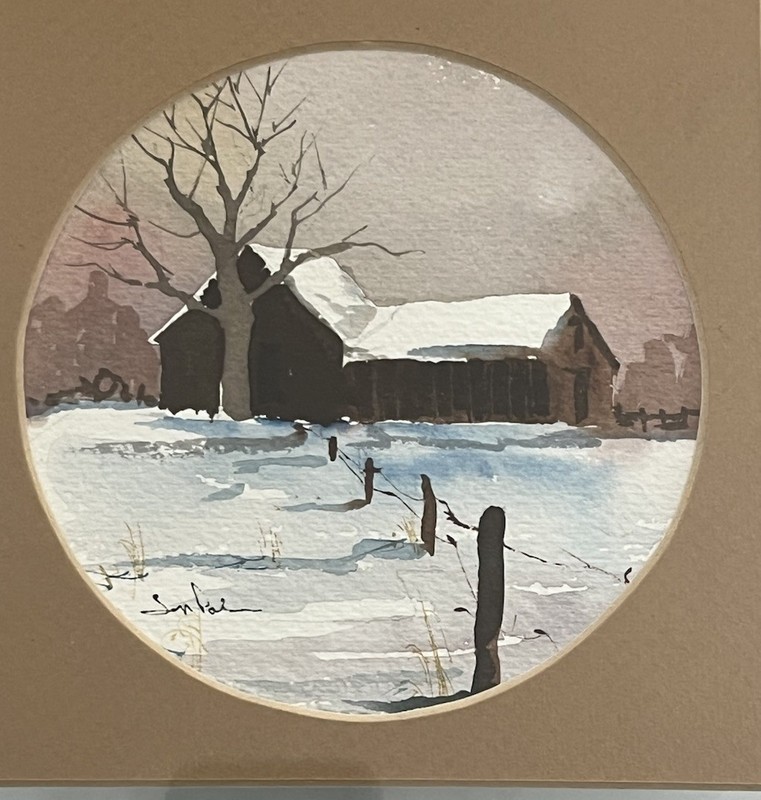 Original Signed Winter Farm Watercolor Painting Rustic Barn Landscape 12x12 gallery