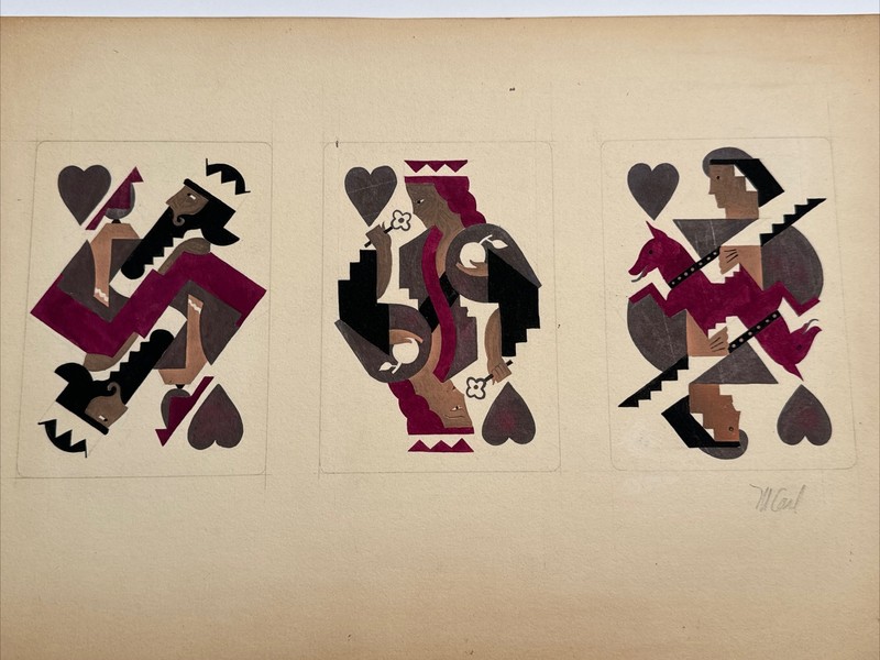 ANTIQUE PAINTING Illustration Poker Gaming Cards King Queen SIGNED M CARL 1930