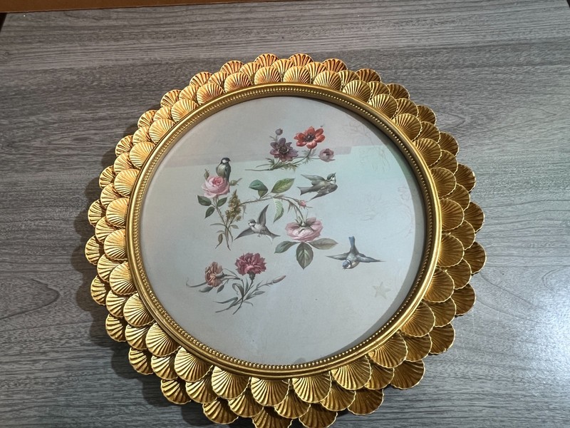 Marmont Hill Gold Toned Round Frame Flowers, Birds 12″