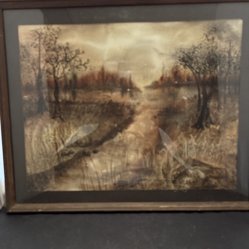 Signed Framed Original Watercolor Landscape River Trees Painting gallery
