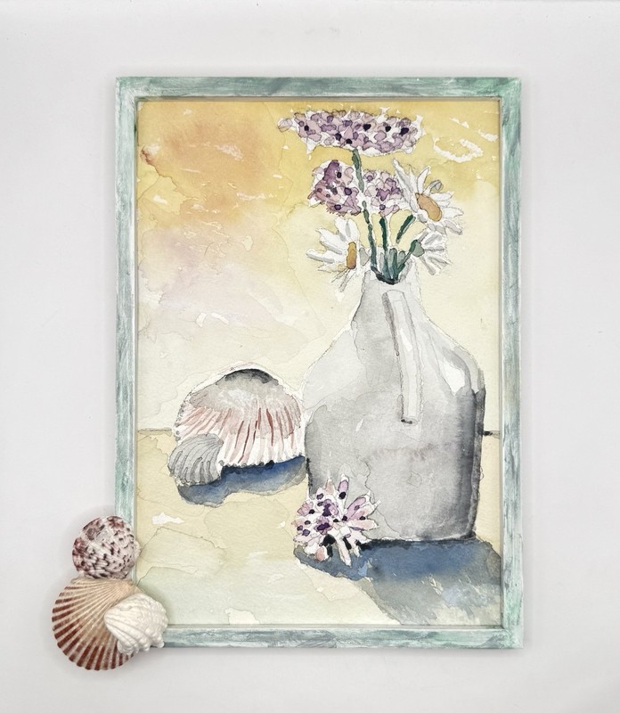 Vintage 8×11 Framed Floral Shells Watercolor Painting Ocean Beach Life