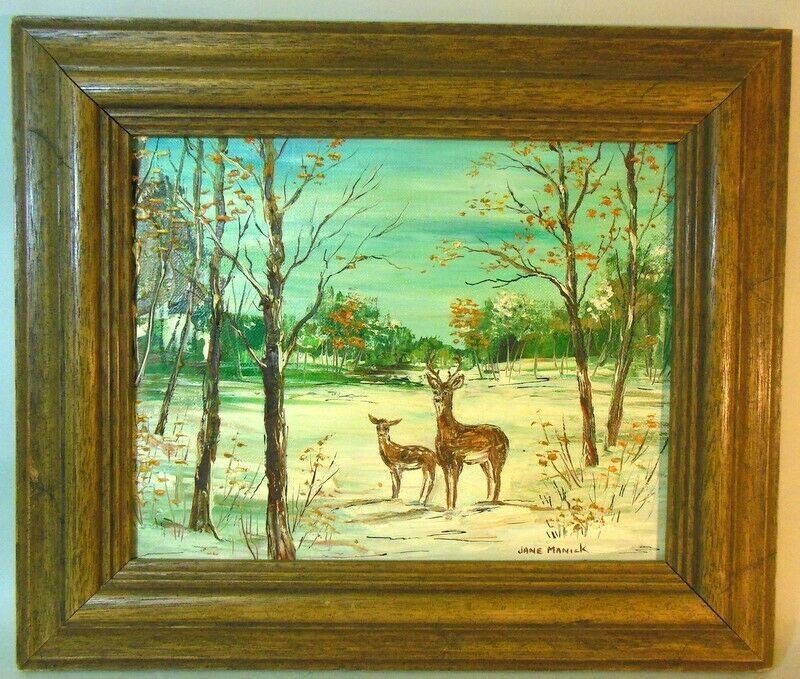 Vtg PAINTING DEER FAWN Landscape Signed Jane MANICK MINNESOTA MIDWEST ART Cabin