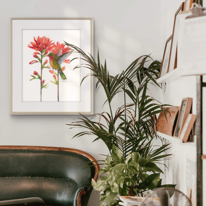 Original Watercolor Hummingbird and Red Flowers 8x10 Painting Unique Artwork gallery