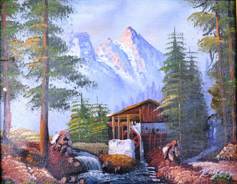 ALPS WATERFALL WATER WHEEL PINE TREE 10″ HAND PAINTED OIL PAINTING ART GIFT S633
