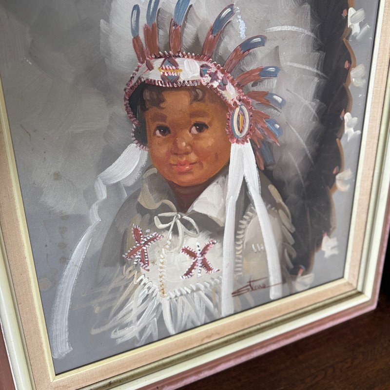 Vintage Oil Paintings Native American Boy & Girl - Signed Stone Framed LOT of 2 gallery