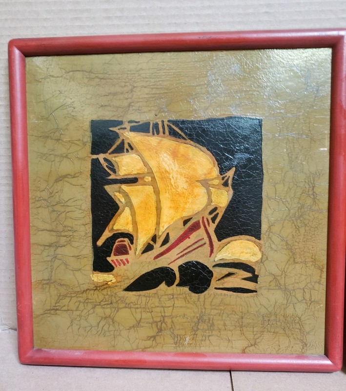 PAIR Vintage 1960s Mid Century Textured Paint Ships Framed 11"x11" Decor Art gallery