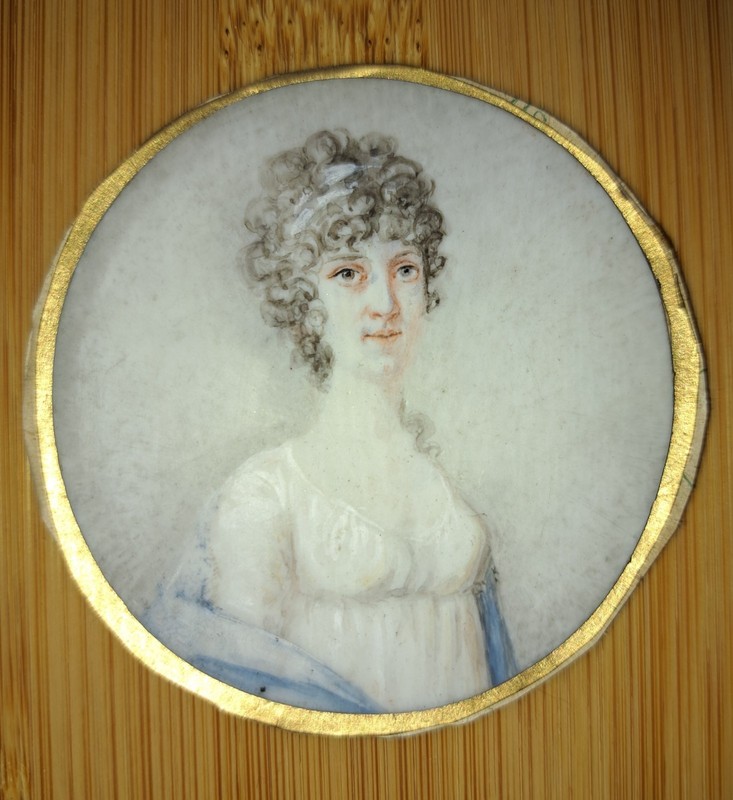 Antique Miniature English Portrait Painting of Georgian Lady in Ebonized Frame gallery