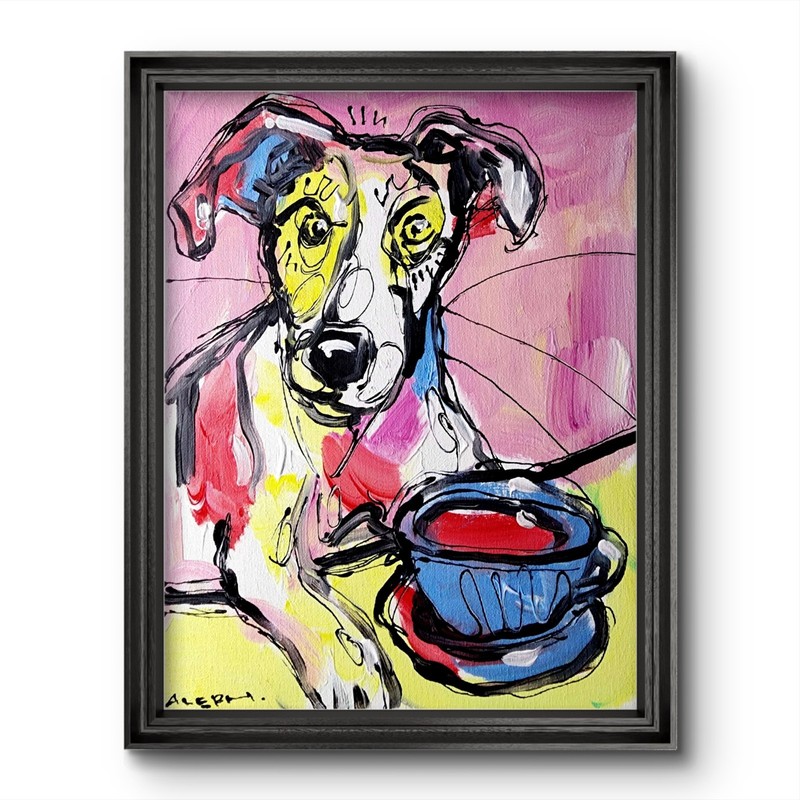 Original Dog Drinking Tea Painting Abstract Expressionist Canvas Kitchen Art