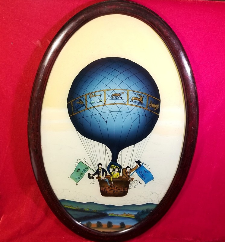 19th Century Reverse Glass Italian Painting Vincenzo Lunardi Hot Air Balloon vtg
