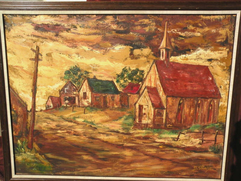 Southwestern large landscape painting with church signed DeShazo