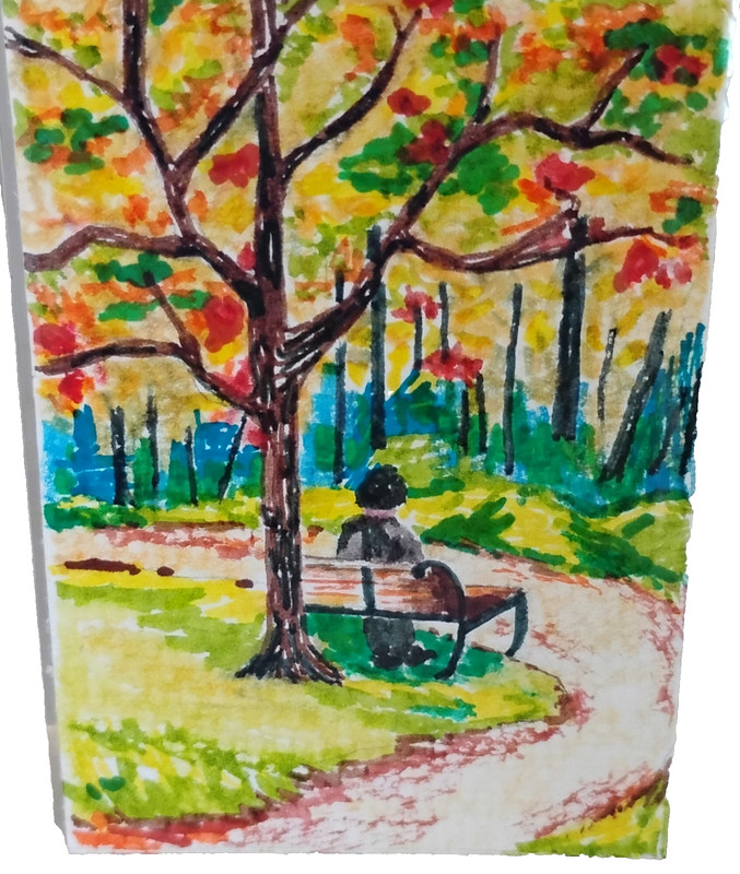 ACEO Original Painting – Colored Markers – «The Bench» 2.5×3.5, artist signed