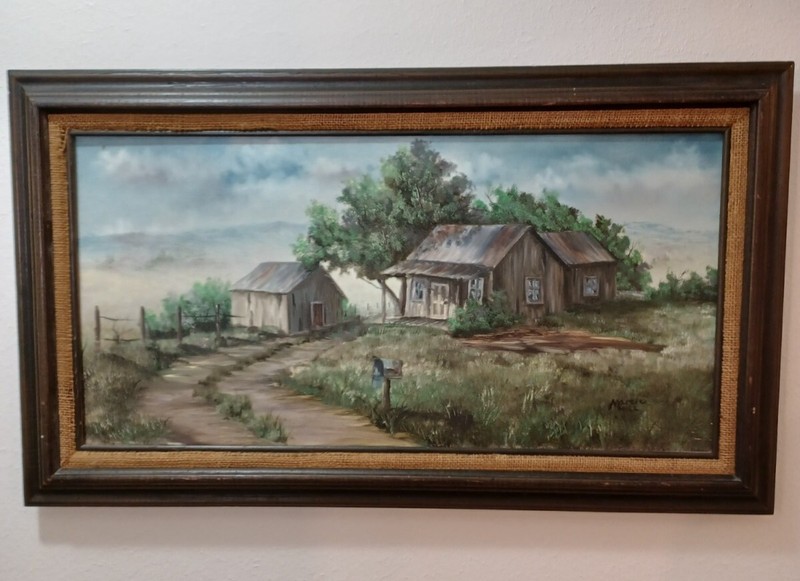 LOVELY PEACEFUL OIL PAINTING OF HOMESTEAD, ROAD, TREES, COUNTRY SIGNED M HILL