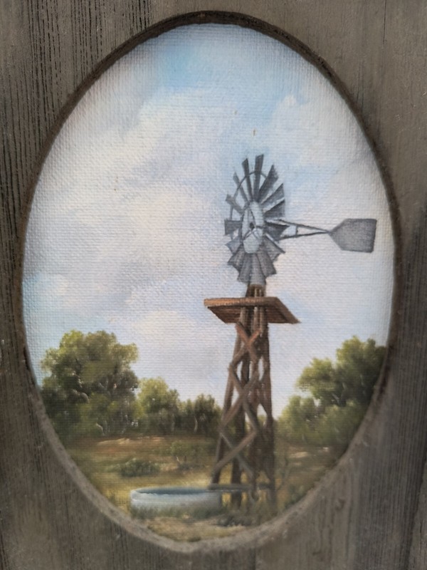 Original Oil Painting On Fiberboard Framed Artist Signed Landscape Windmill
