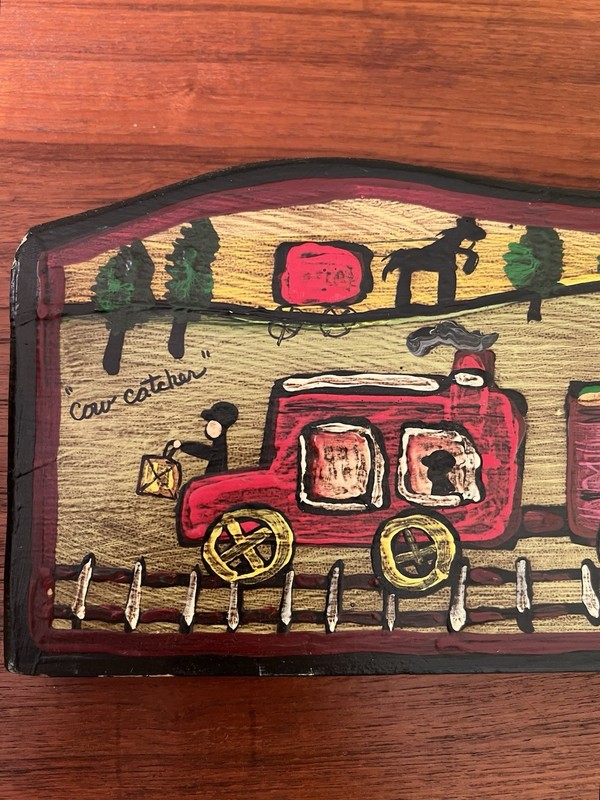 Bonnie Grilli Signed Folk Art Original Painting on Wood “Cow Catcher” Train RR gallery
