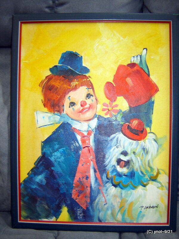 3D Painting on Canvas *CHILD-CLOWN with PUPPY-DOG* by P. Sharon ~ custom framed gallery