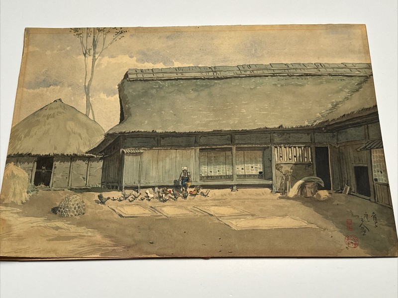 ANTIQUE JAPANESE LANDSCAPE PAINTING VILLAGE SIGNED MYSTERY IMPRESSIONISM 1930’S