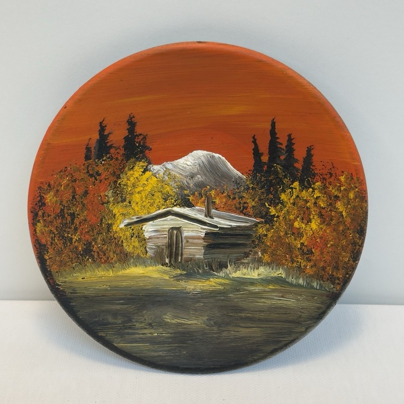 VTG Hand-painted Alaskan Landscape Cabin Mountains On Tin Pan 4.75” Wall Art