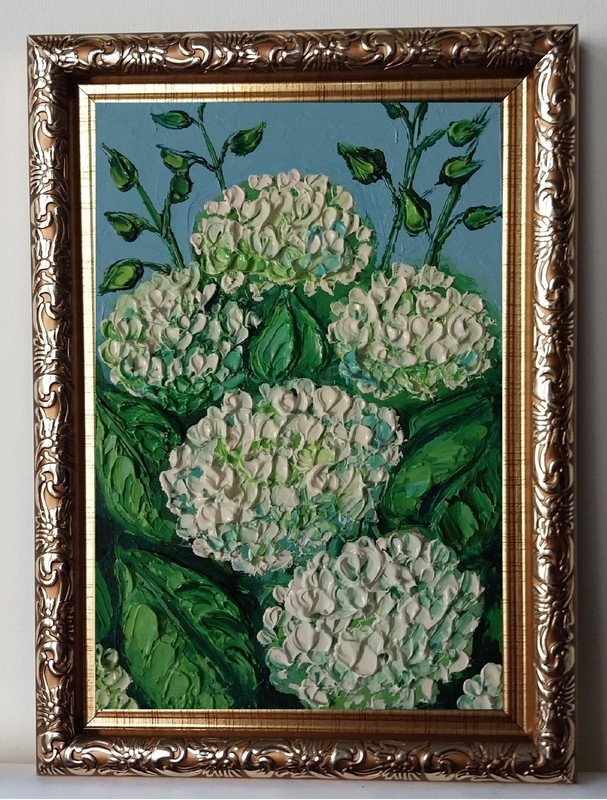 Framed White Hydrangea Flower Garden Flowers 4×6” Impasto Oil Painting Original