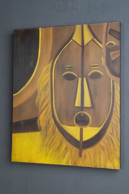 Vintage African Tribal Mask Oil Art Painting Signed Borell 24×30