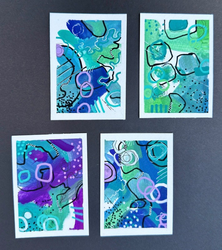 ACEO Original paintings, abstract, blues, greens, 4 mini art pieces, Patty Ewing