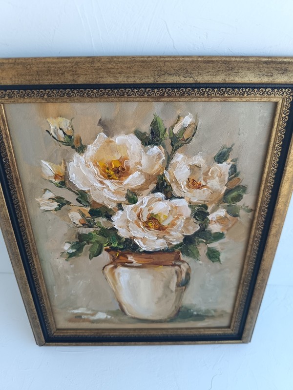White Roses in a Vase Original Oil Painting Framed Floral Wall Art 8x10 in gallery