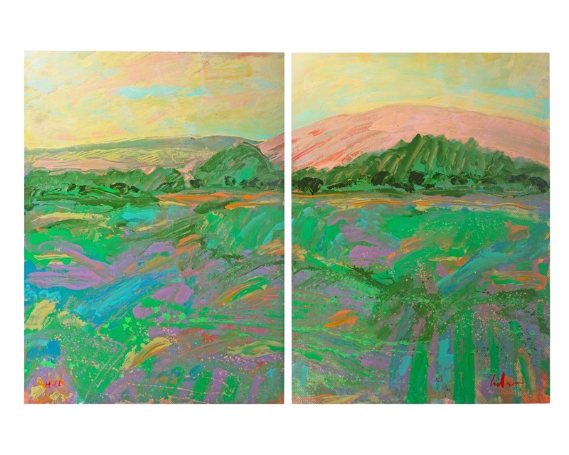 Harry Hilson 1980s “Hill” Abstract Acrylic Landscape Diptych Painting